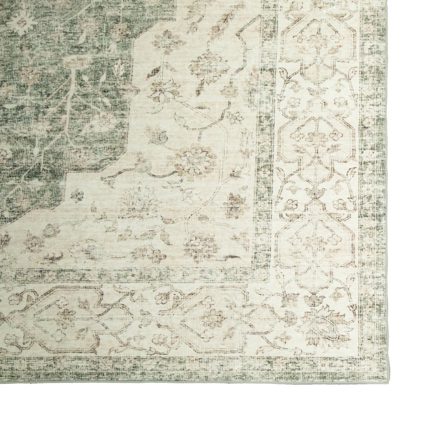 Green Medallion Machine Washable Area Rug